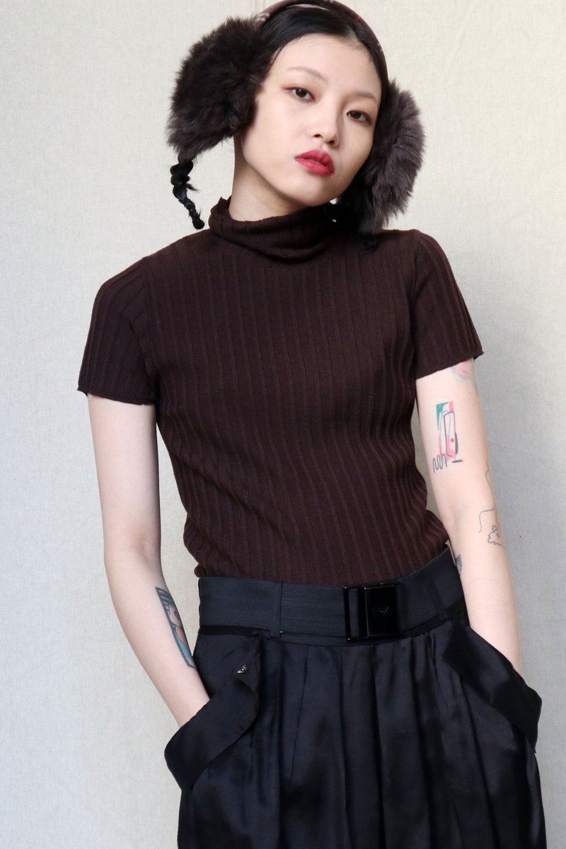 南瓜Vintage。PAULE KA 咖啡色 羊毛 针织 高领 短袖 上衣 - 女装针织衫/毛衣 - 羊毛 咖啡色