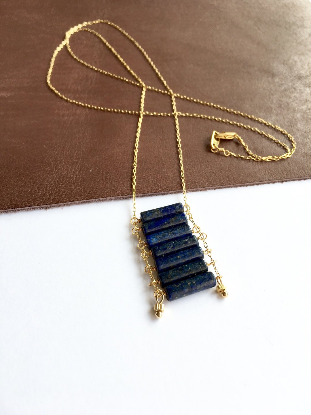Square Long necklace Lapis lazuri - 长链 - 宝石 蓝色