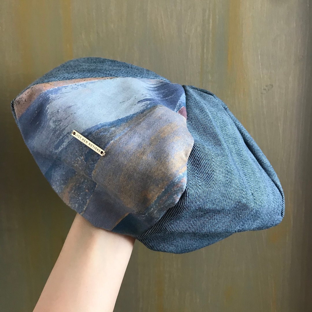 Beret 贝雷帽 | 画家帽 | 六边剪裁 | 牛仔蓝配英国印花布 - 帽子 - 棉 蓝色