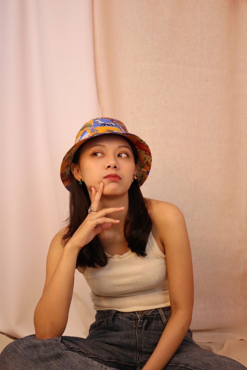 防泼水透气印花渔夫帽 - 帽子 - 棉．麻 橘色