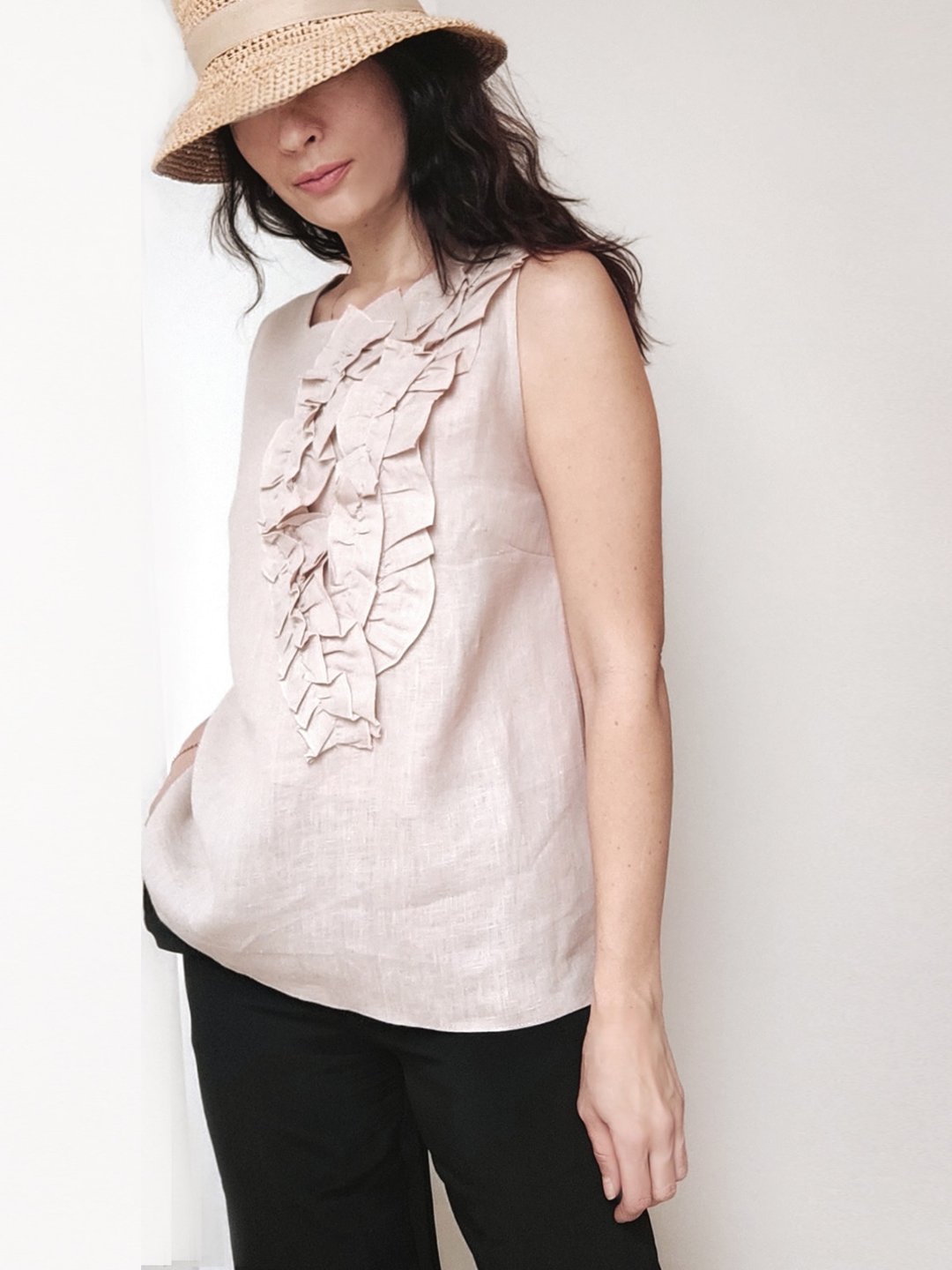 荷叶边亚麻上衣/女士夏季上衣/米色+其他颜色上衣 XS-XXL 尺寸 - 女装上衣 - 棉 白色
