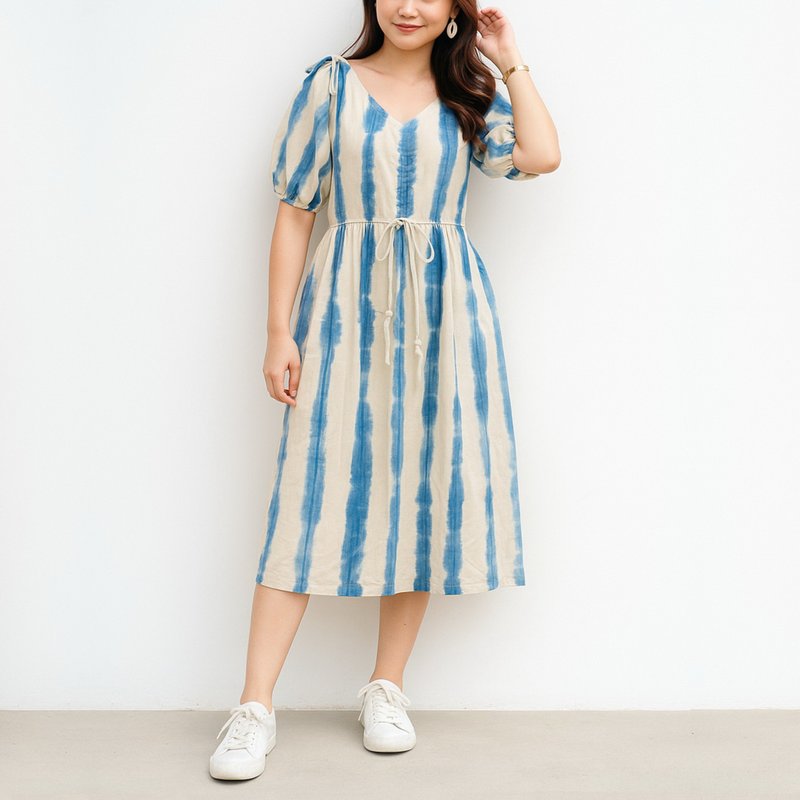 Mini V-Neck Stripe Dress - 靛蓝色扎染褶饰连身裙 - 洋装/连衣裙 - 棉．麻 蓝色