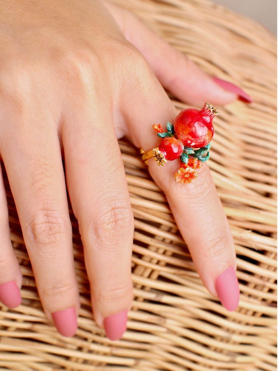 Pomegranate Ring, Fruity Blossom, Handmade Enamel Ring - 戒指 - 其他材质 红色