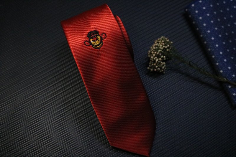 红色蜜蜂刺绣真丝领带雅痞礼盒装窄版necktie - 领带/领带夹 - 丝．绢 红色