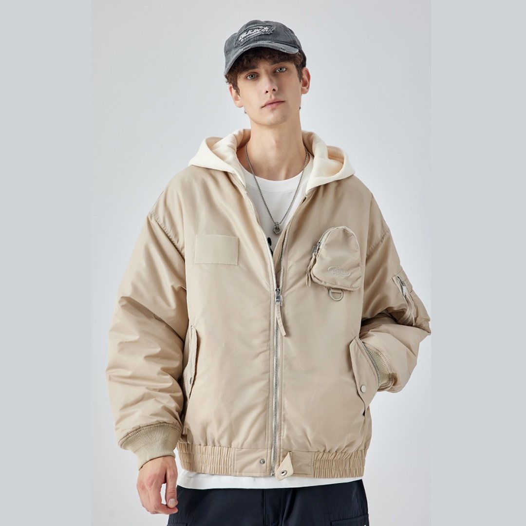 0杏色连帽飞行员夹克棉服  冬季户外运动棉衣外套 - 男装外套 - 棉．麻 