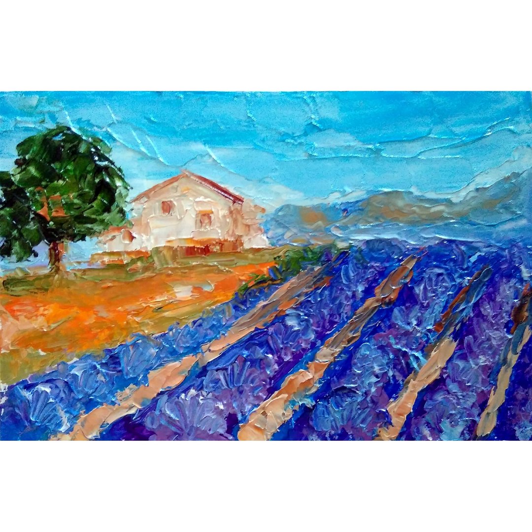 Lavender Field Landscape Original Painting, Tuscany Farm Wall Art, 手工油畫, 油畫原 - 海报/装饰画/版画 - 其他材质 多色