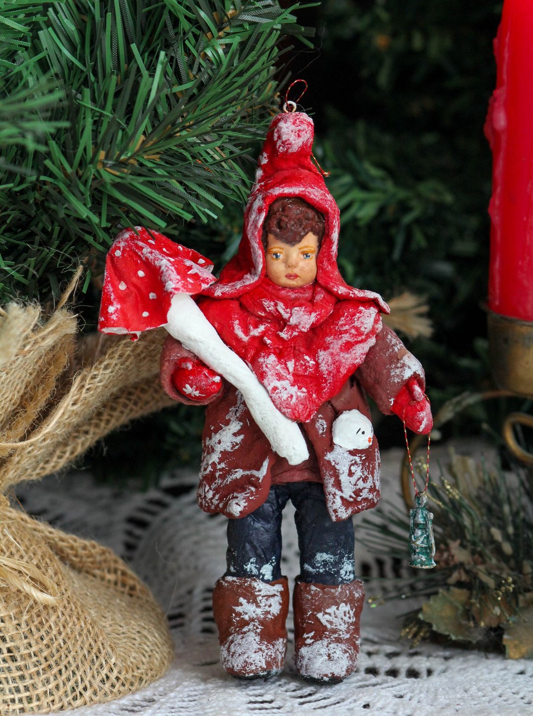 Christmas Textile Handmade Interior gift Vintage retro dolls teddy bear OOAK - 玩偶/公仔 - 其他材质 多色