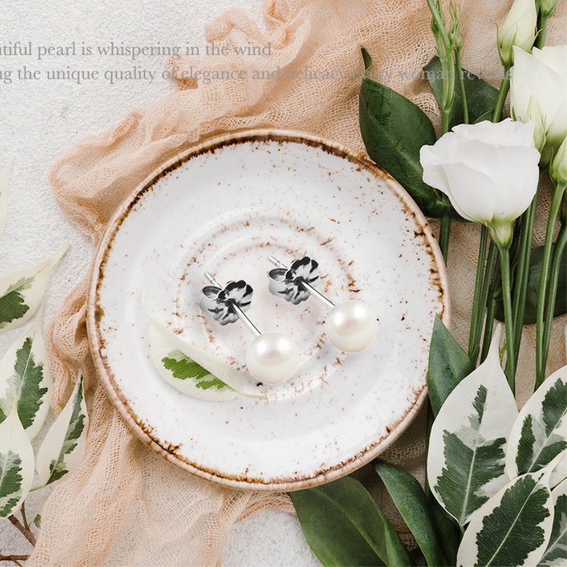 天然白珍珠 纯钛耳环 钛珍珠耳环 1 对 - 耳环/耳夹 - 珍珠 白色