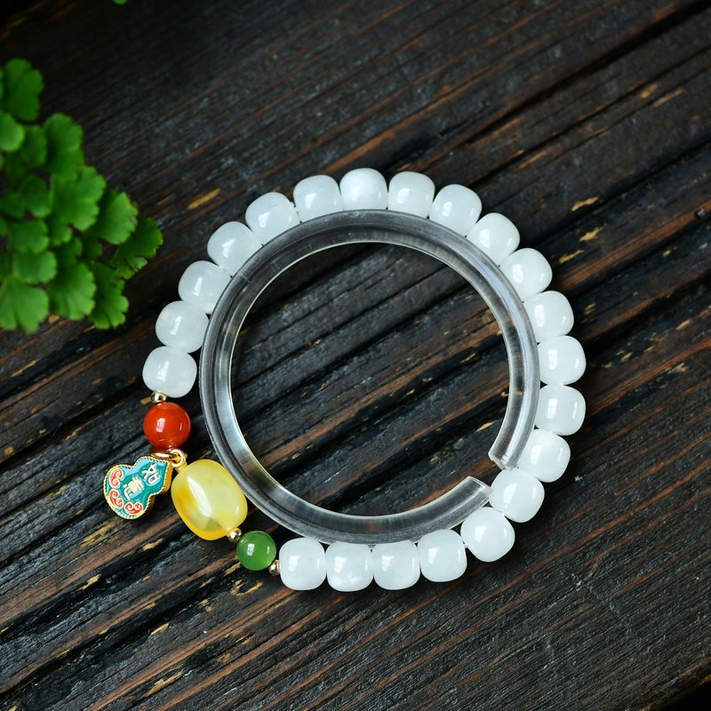 精品纯天然和田白玉老型珠8MM手链 点缀蜜蜡南红碧玉珠 上手超美 - 手链/手环 - 玉石 