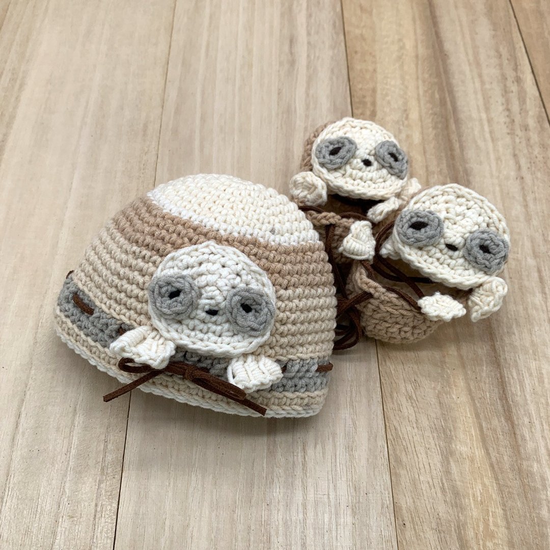 Sloth Crochet Hat & Footwear for 18 inch Doll and Preemie - Beanie and Sandals - 满月礼盒 - 棉 卡其色