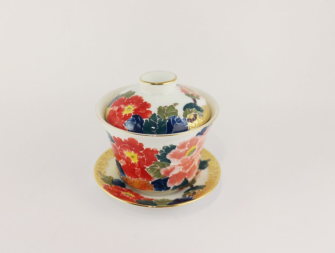 纯手绘茶杯-局部鎏金牡丹(三件式盖杯)-红花 - 茶具/茶杯 - 瓷 红色
