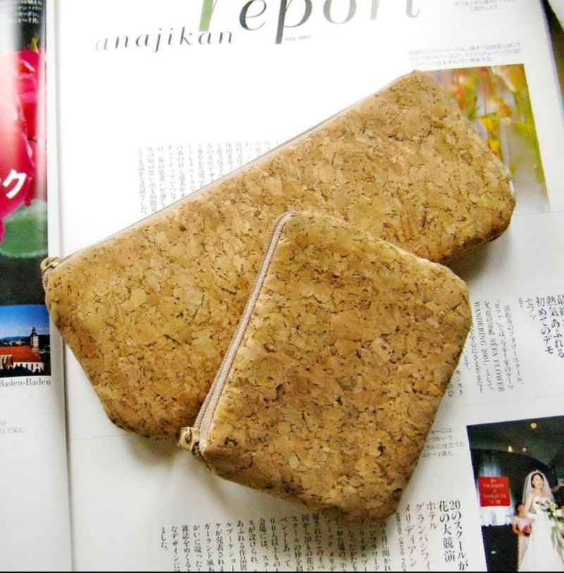 拉链收纳包(2件套装) 零钱包 笔袋 环保木塞布 软木布 - 化妆包/杂物包 - 棉．麻 咖啡色