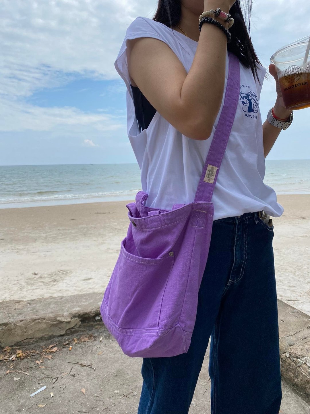 薰衣草色斜纹帆布托特包 / 周末旅行袋 / 购物袋 - 侧背包/斜挎包 - 棉 紫色