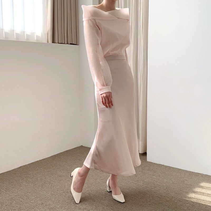 缎面粉色鱼尾长裙 - 裙子 - 聚酯纤维 