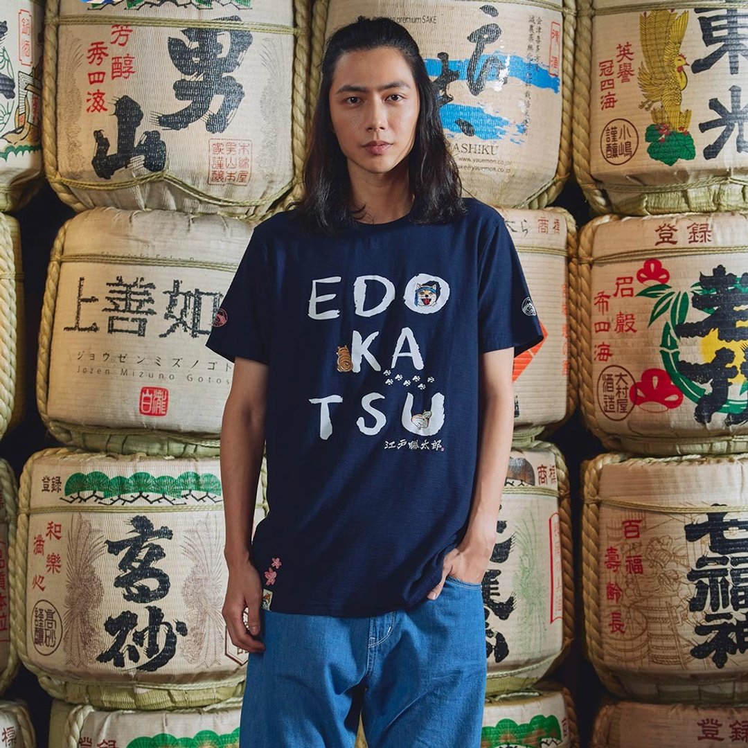 江户胜 日系 男装 胜太郎系列 Q版太郎LOGO短袖T恤(丈青色)#上衣 - 男装上衣/T 恤 - 棉 蓝色