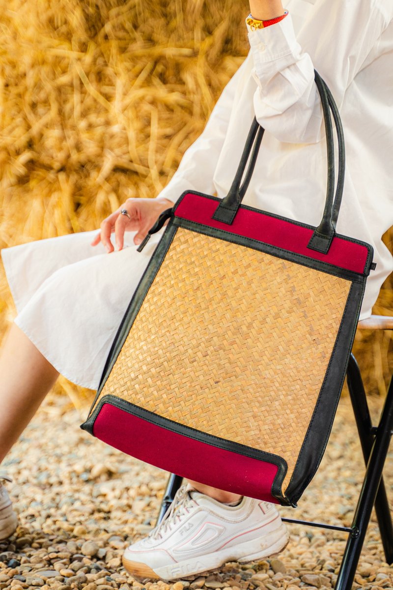 Mini Tote Bag-Krajood Hand Weaving-Rose Pink Canvas \ Green Duck Leather - 手提包/手提袋 - 真皮 红色