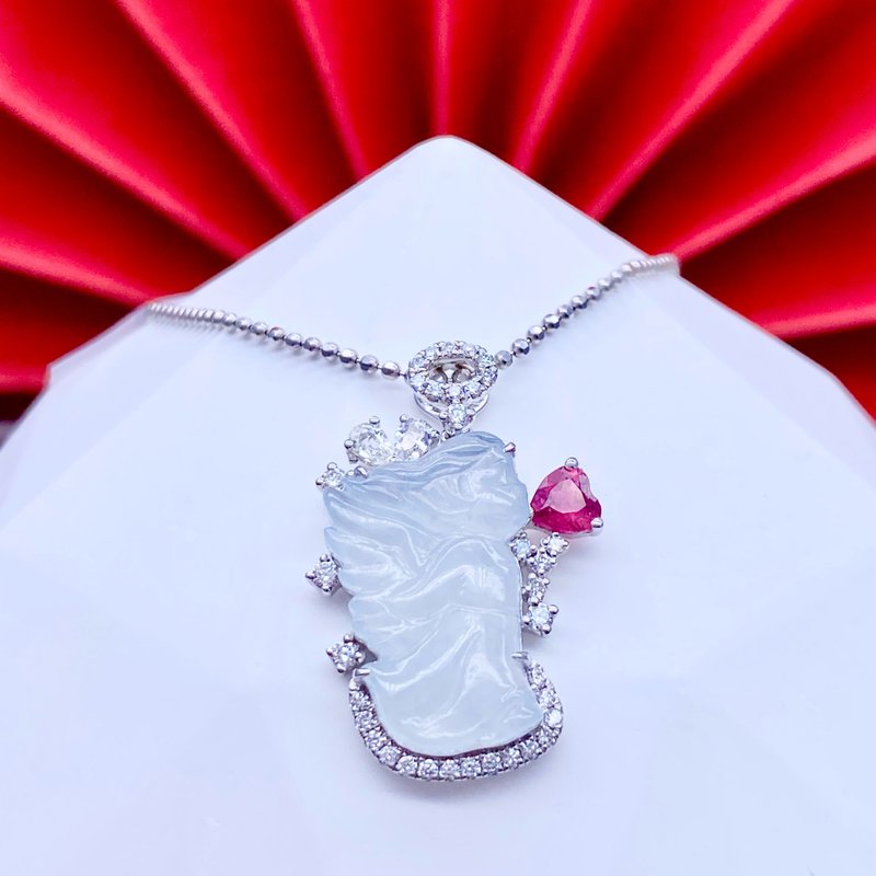 期间限定 - 18K白金白石红碧玺-大颗-吊坠配白冰翡翠小天使 - 吊饰 - 宝石 