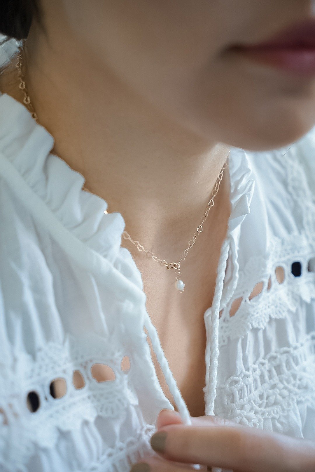 多种戴法 珍珠爱心金链项链 14KGF choker Y字链 - 锁骨链 - 珍珠 白色