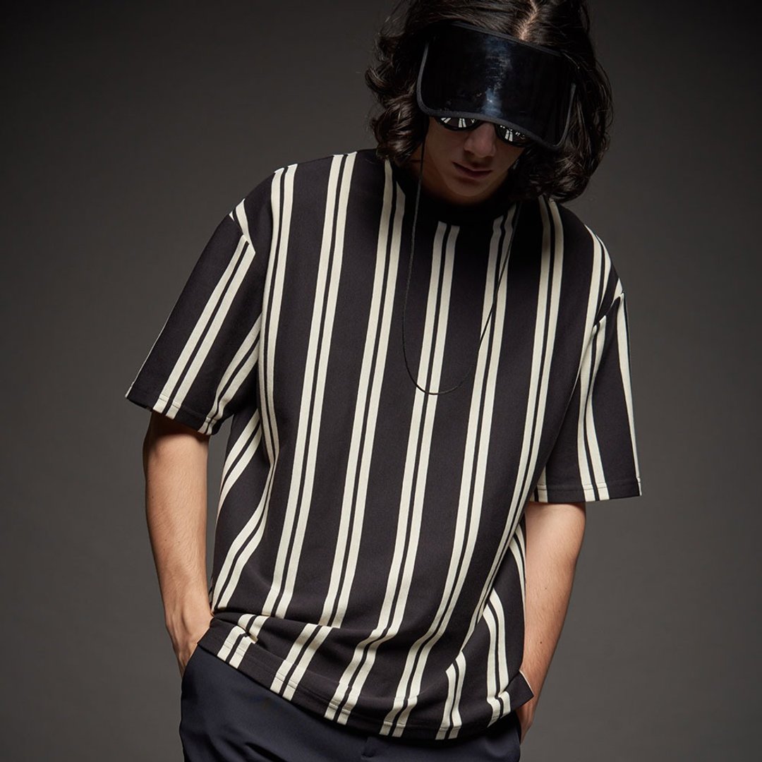 Stone@s Straight Stripe Oversize Tee / 直条纹TEE - 男装上衣/T 恤 - 棉 黑色