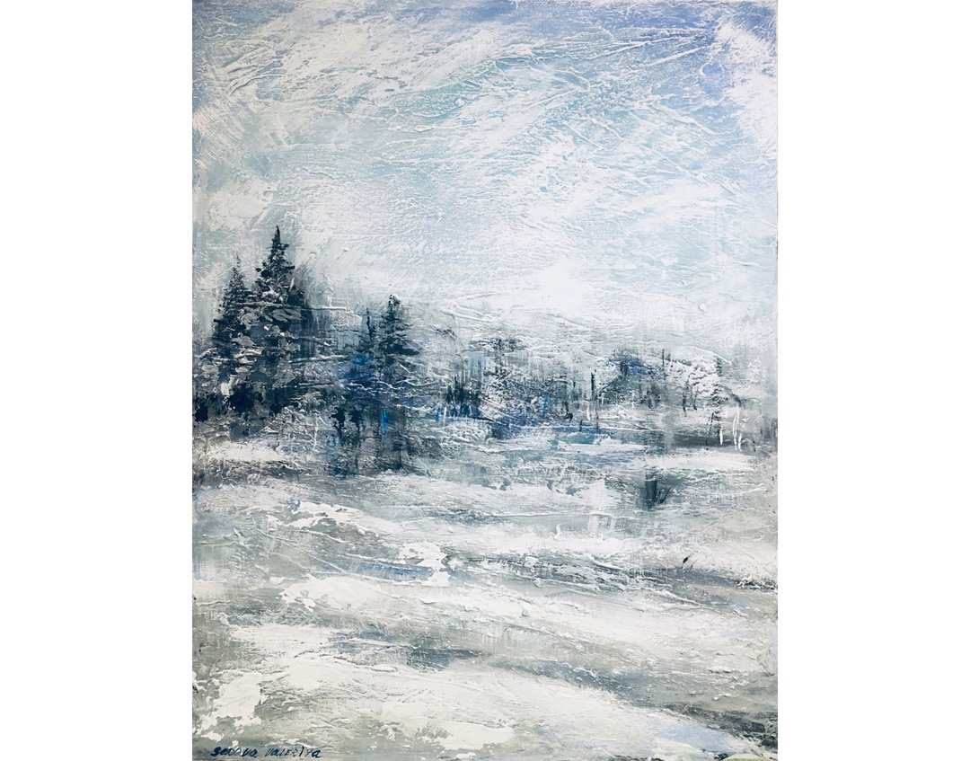 Landscape Original Art Wall Art Blue On Oil Texture Snowfall - 墙贴/壁贴 - 其他材质 白色