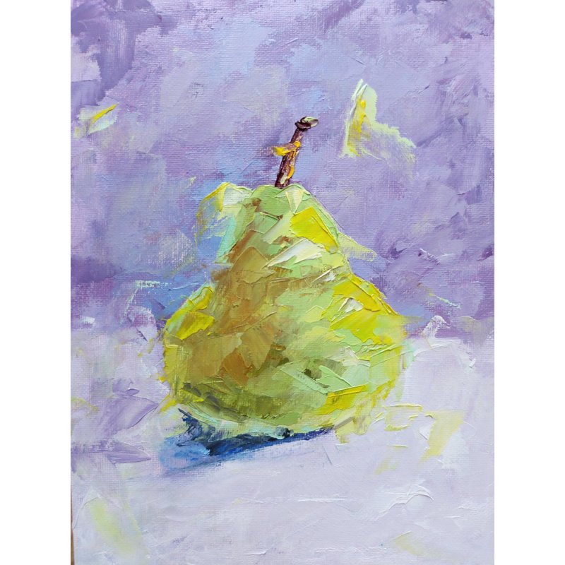 Pear Painting Fruit Original Art Food Artwork Kitchen Wall Decor Small Painting - 海报/装饰画/版画 - 其他材质 绿色
