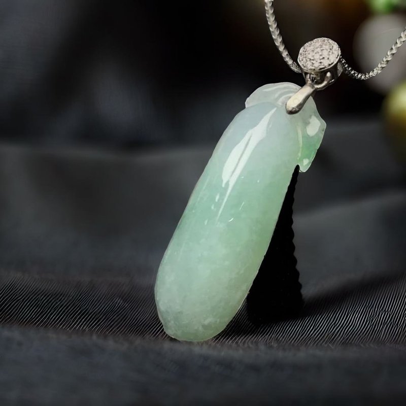 冰飘绿翡翠福瓜项链 925纯银坠头 | 天然缅甸玉翡翠A货 | 送礼 - 项链 - 玉石 绿色