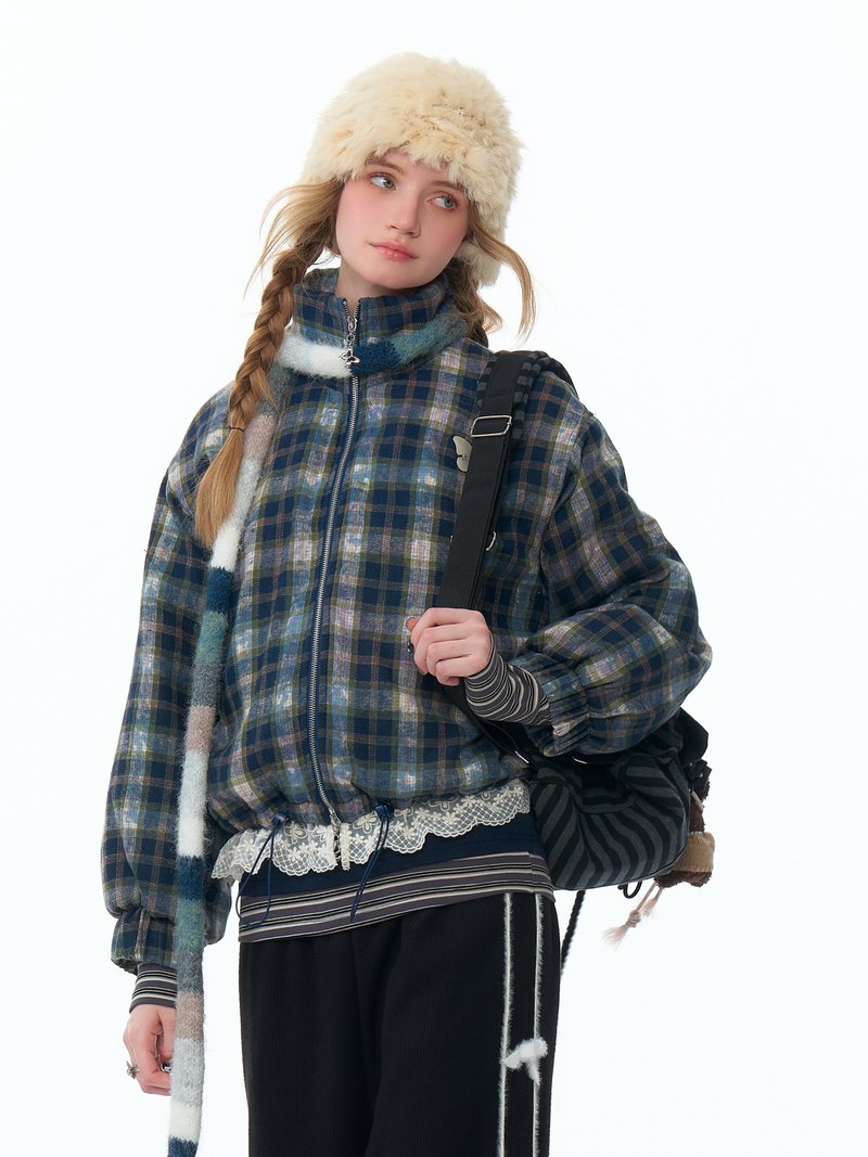 ziziFei秋冬新款美式复古设计感格子加厚蓝色格纹棉衣棉服外套女 - 女装上衣 - 其他材质 蓝色