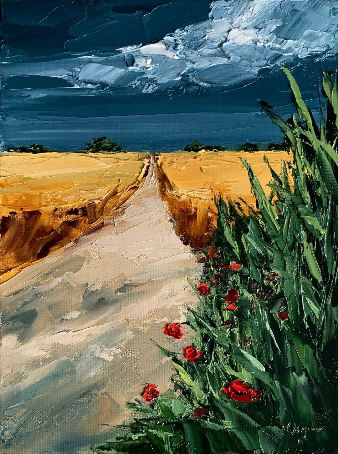 Original Stormy Landscape Yellow Field Oil Painting On Canvas Textured Impasto - 墙贴/壁贴 - 棉 多色