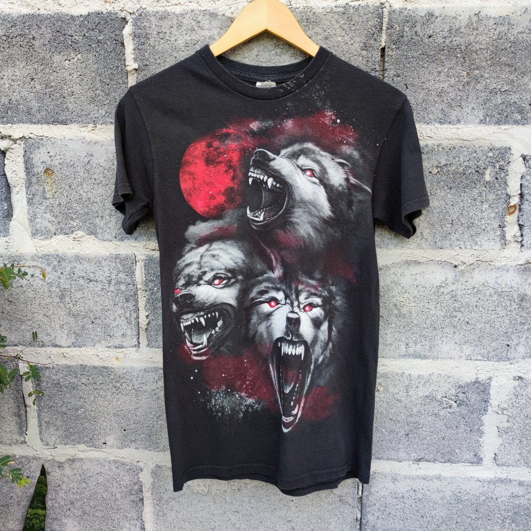 Three Wolves Blood Moon Black T Shirt – 复古 T 恤 - 男装上衣/T 恤 - 棉 黑色