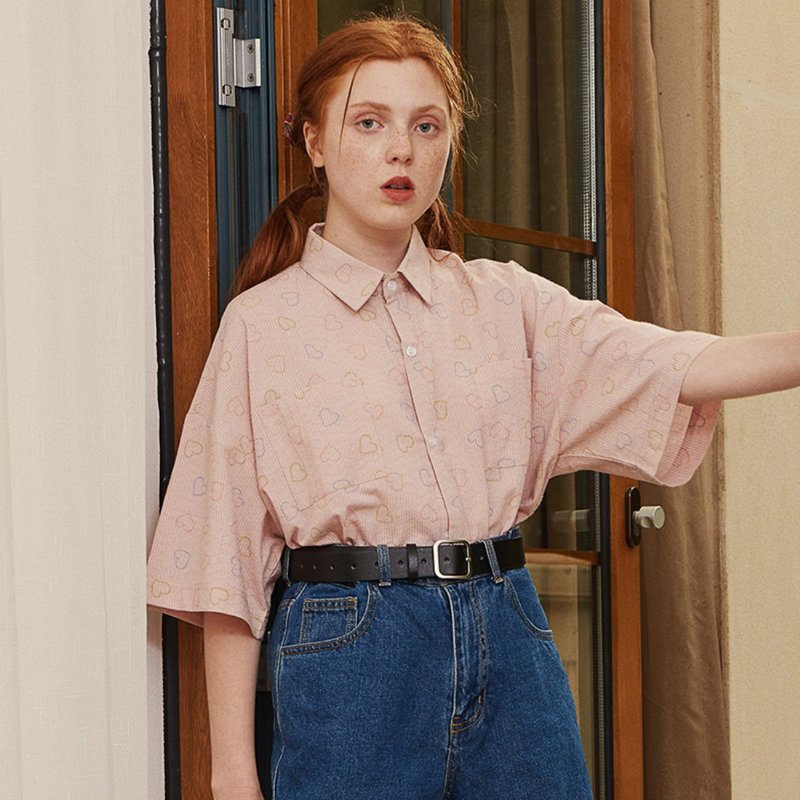 PROD爱心少女短袖黄色衬衫女2019新款夏季学生小清新宽松衬衫上衣 - 女装衬衫 - 棉．麻 粉红色