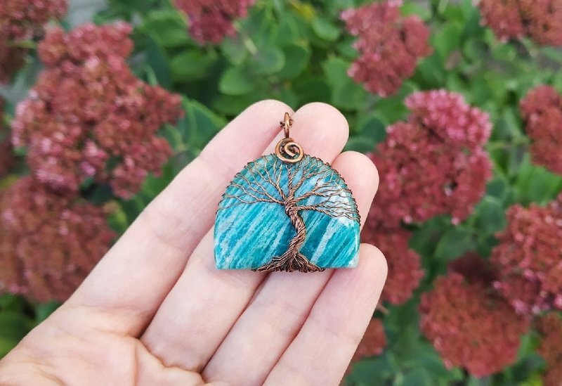 天河石生命之树吊坠，铜质，送给妻子的七周年结婚纪念日礼物 - 项链 - 其他金属 蓝色