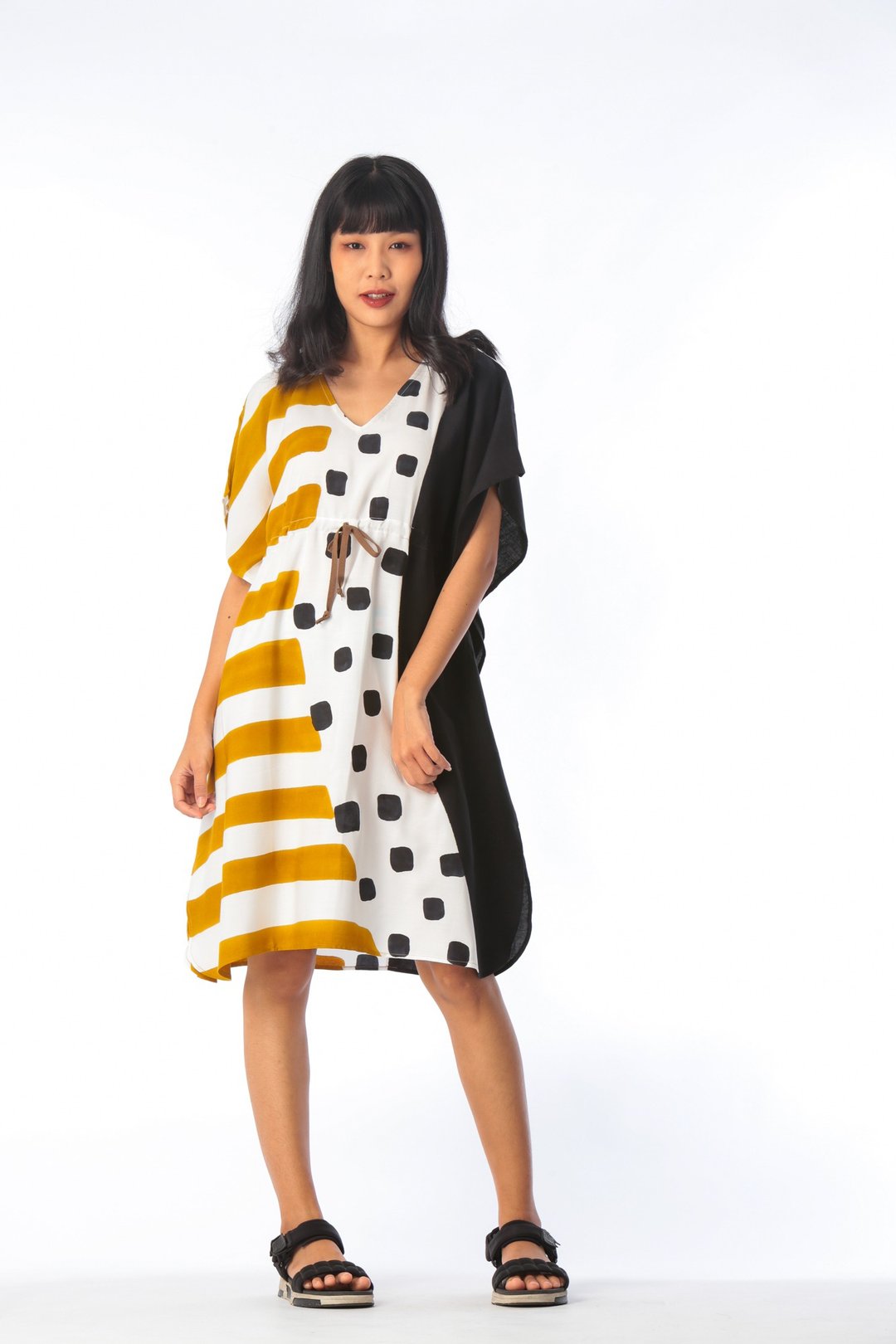 Kaftan Waist Jump Cotton Rayon Hand paint For Summer Beach V - 洋装/连衣裙 - 棉 黑色