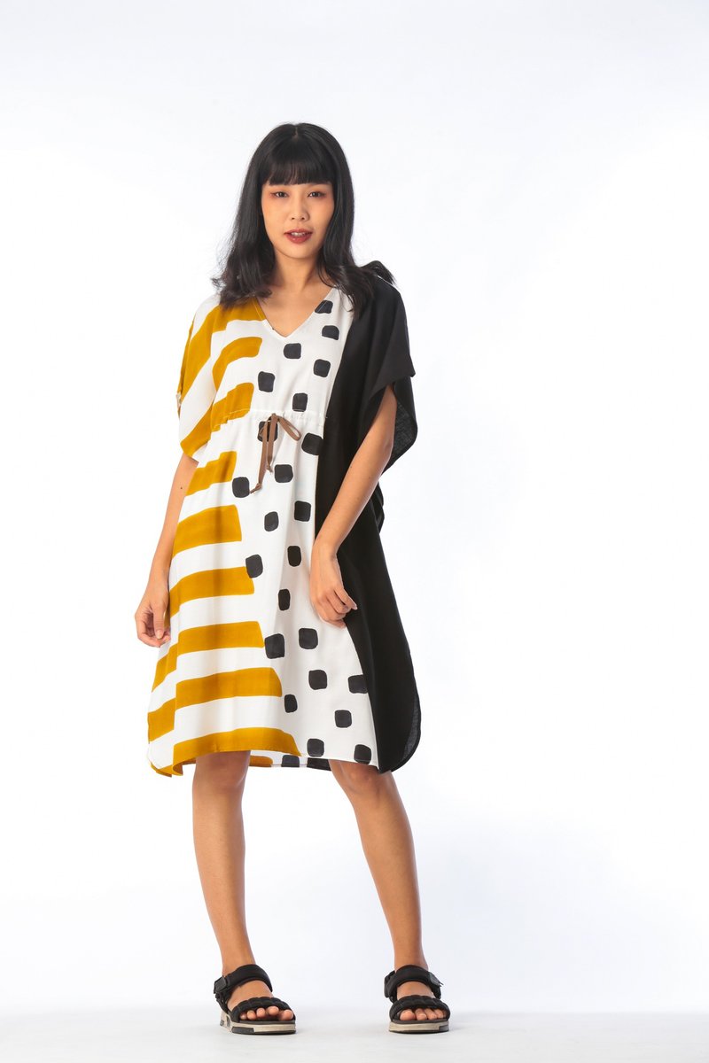 Kaftan Waist Jump Cotton Rayon Hand paint For Summer Beach V - 洋装/连衣裙 - 棉 黑色