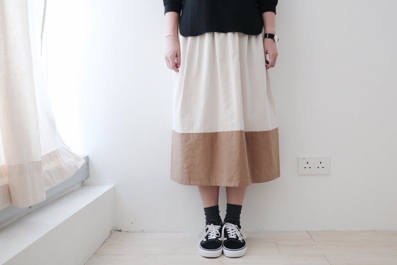 自家制/上下啡色拼裙 - 裙子 - 棉．麻 咖啡色