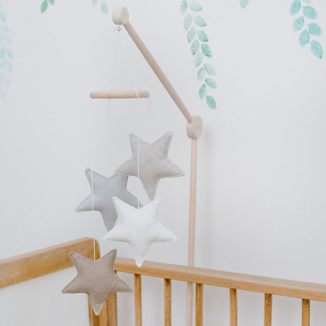 Beige linen (flax) neutral star nursery mobile - mobile hanging for baby - 婴儿床上用品 - 亚麻 咖啡色