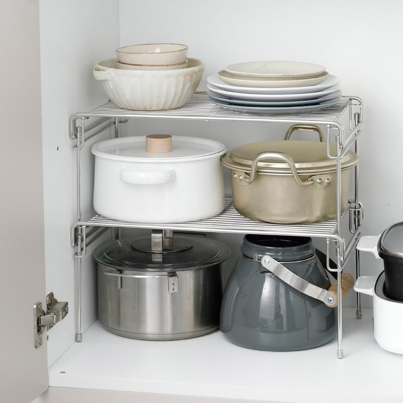 日本霜山 304不锈钢可层叠桌上/水槽下两用置物架 - 置物架/篮子 - 不锈钢 银色