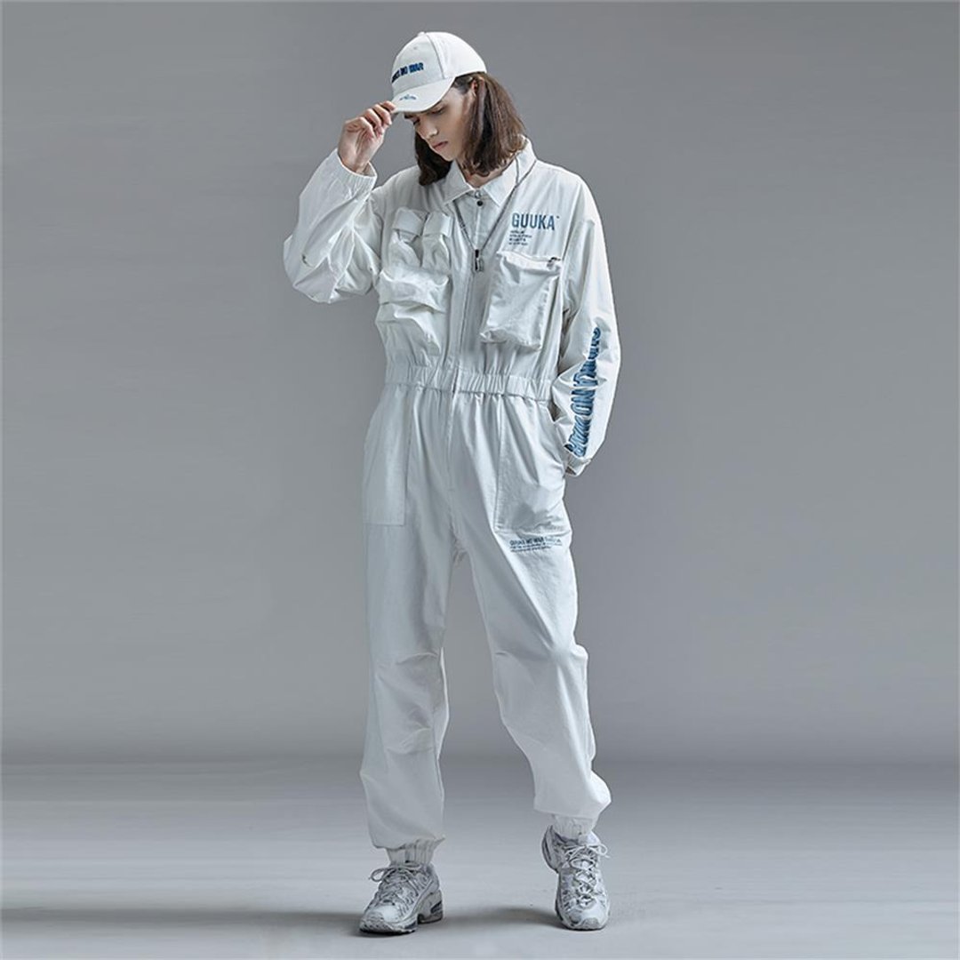 高街白色工装风连体工装服 - 背带裤/连体裤 - 棉 白色