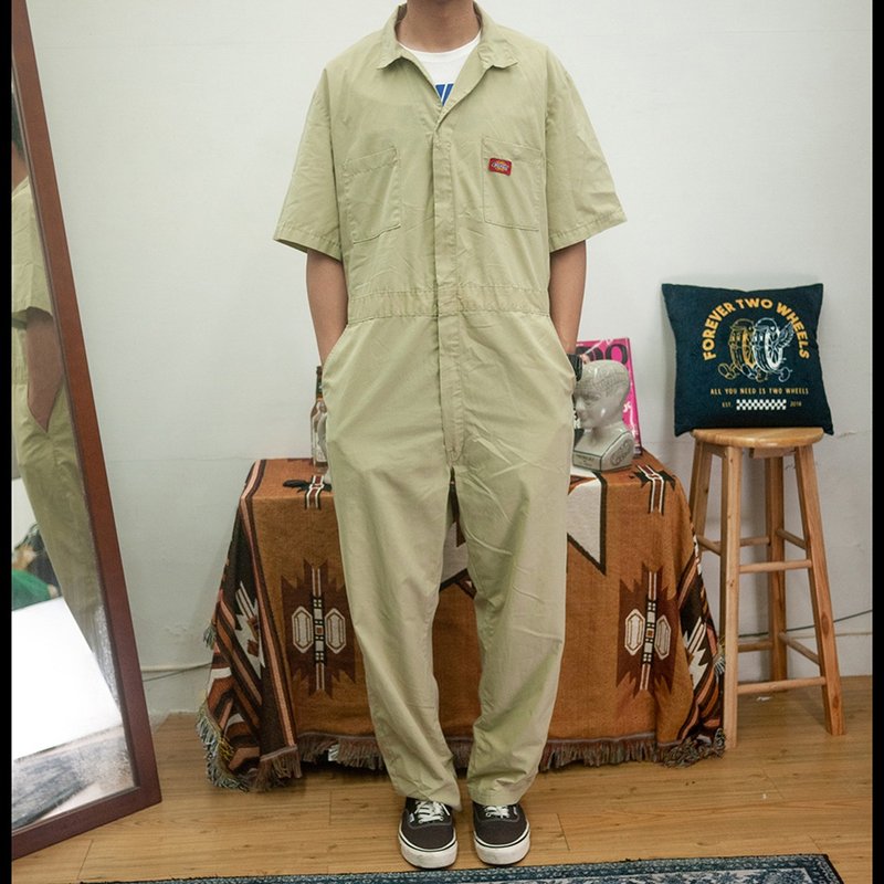 DICKIES 卡其色 短袖 连身工作服 COVERALLS 古着 二手 - 男士长裤 - 棉．麻 卡其色