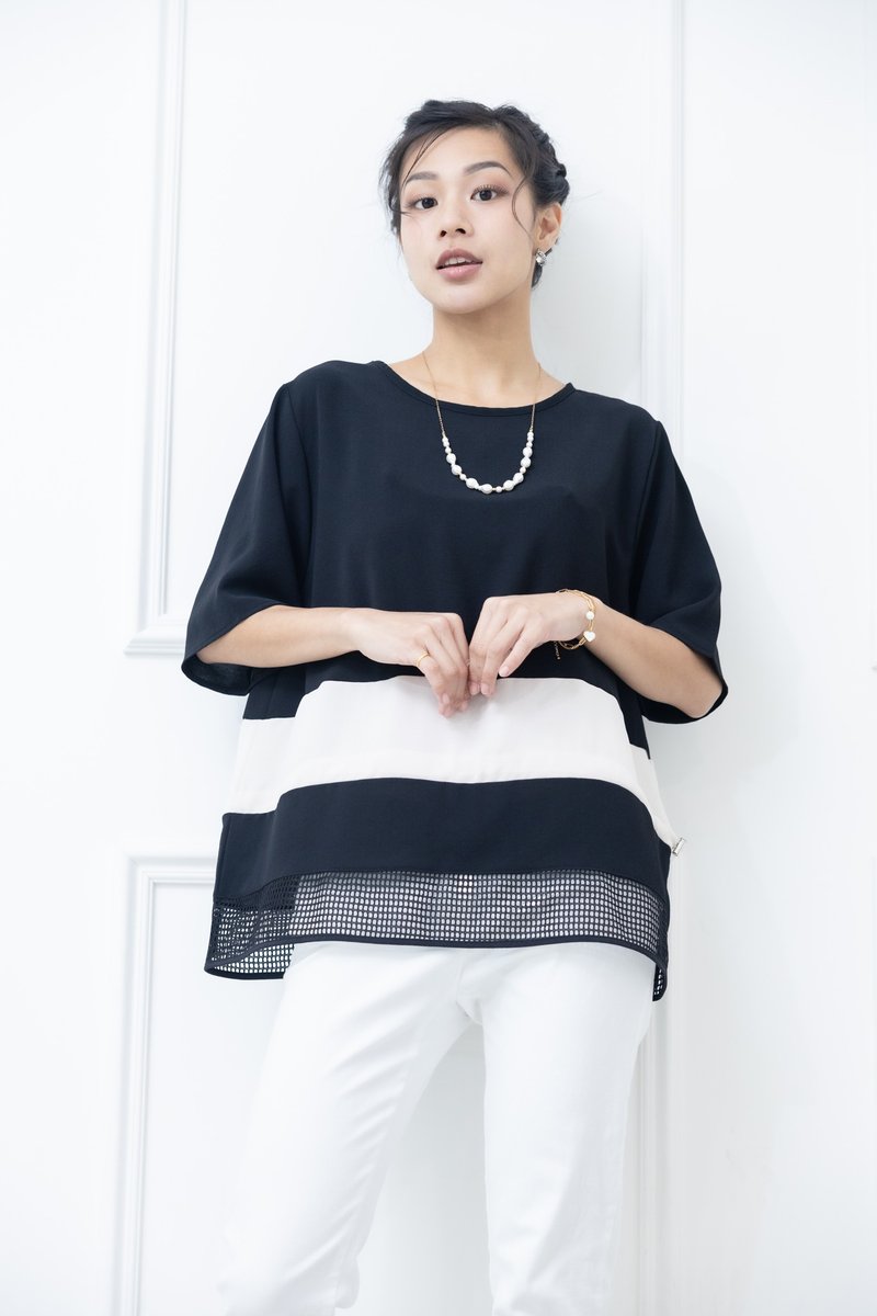 下摆裸空五分袖上衣 黑色絣米色 - 女装 T 恤 - 其他材质 黑色