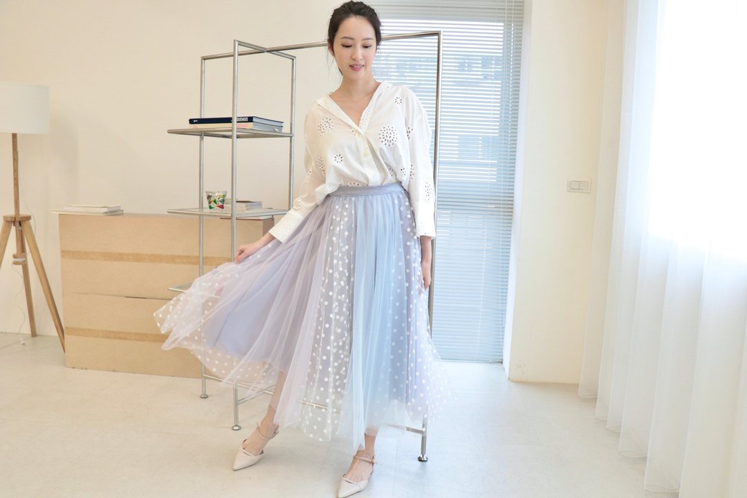 水玉白色点点拼接长纱裙 丁香淡紫 宝宝浅蓝 - 裙子 - 其他人造纤维 蓝色