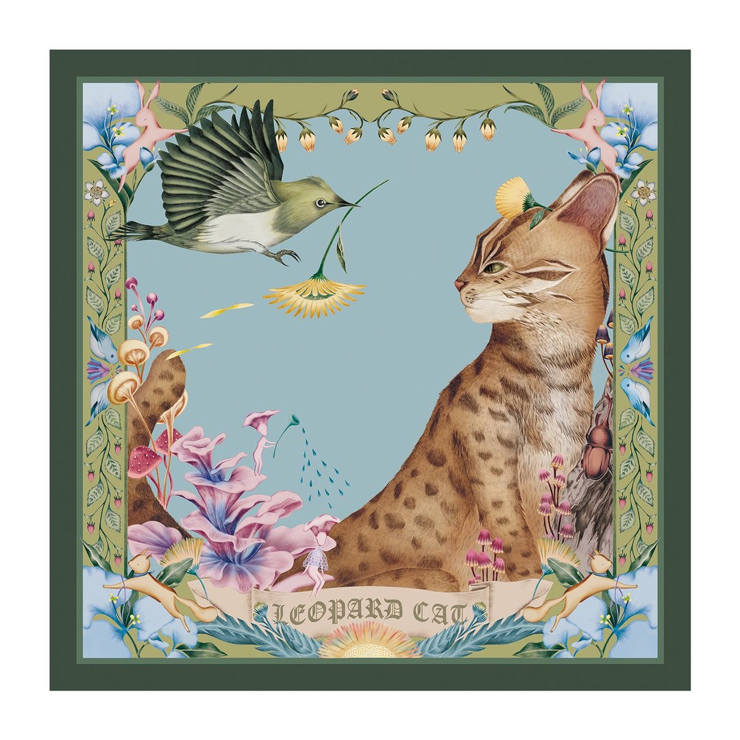 手绘丝巾 / 绿绣眼与石虎 / 森林绿 / 65x65cm - 丝巾 - 聚酯纤维 绿色