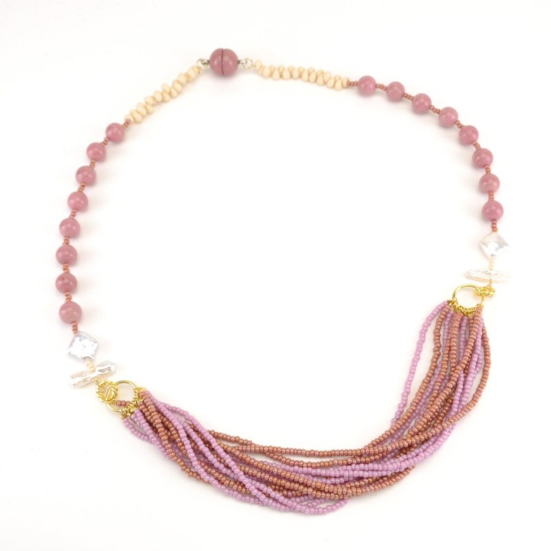 Rhodonite and freshwater pearl necklace - 项链 - 宝石 粉红色