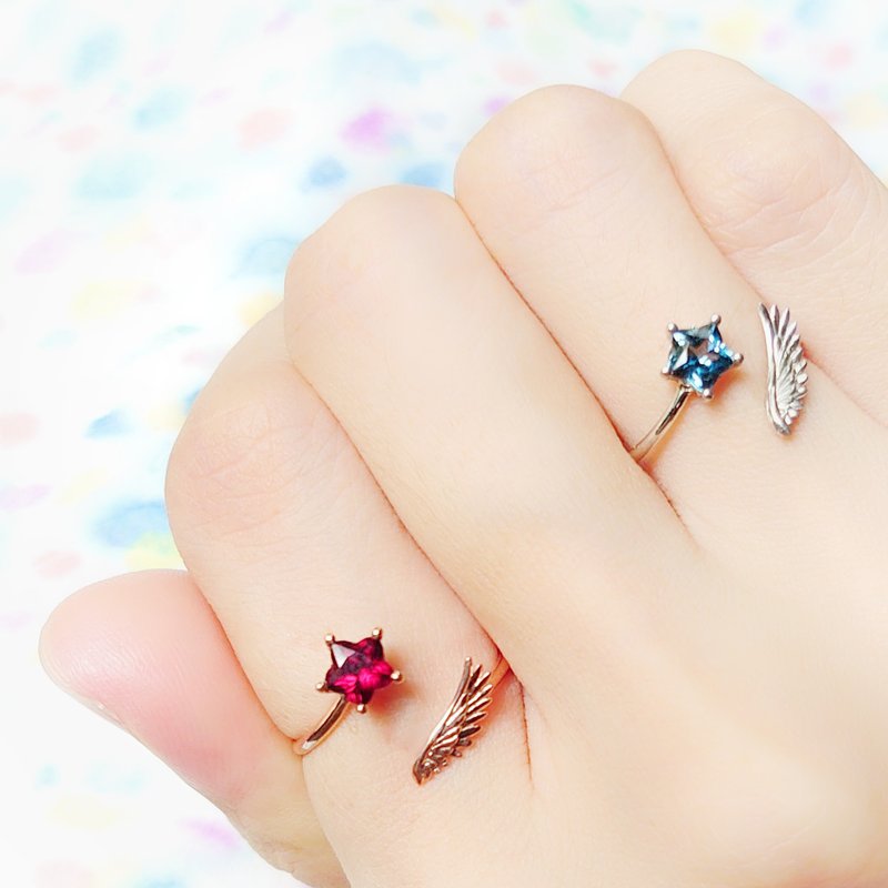 飞翔小翼翼星星玫瑰榴石 / 伦敦蓝托帕石纯银开口戒指 - 戒指 - 半宝石 红色