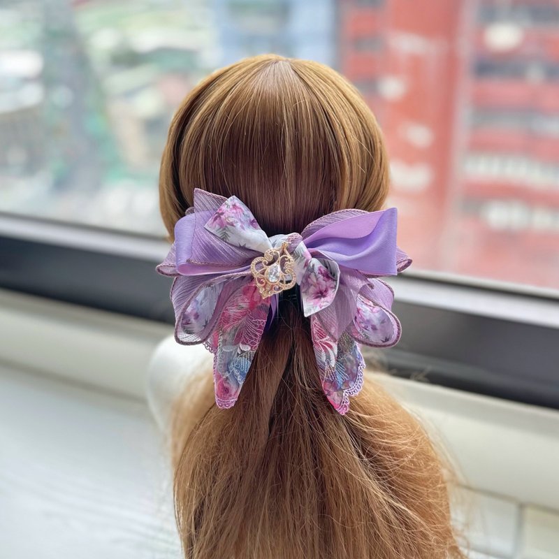 卷边纱蕾丝蝴蝶结相交夹香蕉夹仙女夹发夹-紫红晕染 - 发饰 - 其他材质 紫色