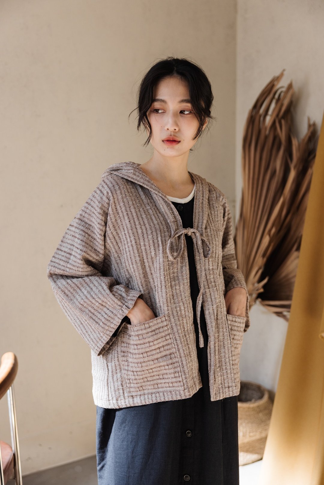 短版连帽绑带外套_咖啡织纹 - 女装休闲/机能外套 - 棉 咖啡色