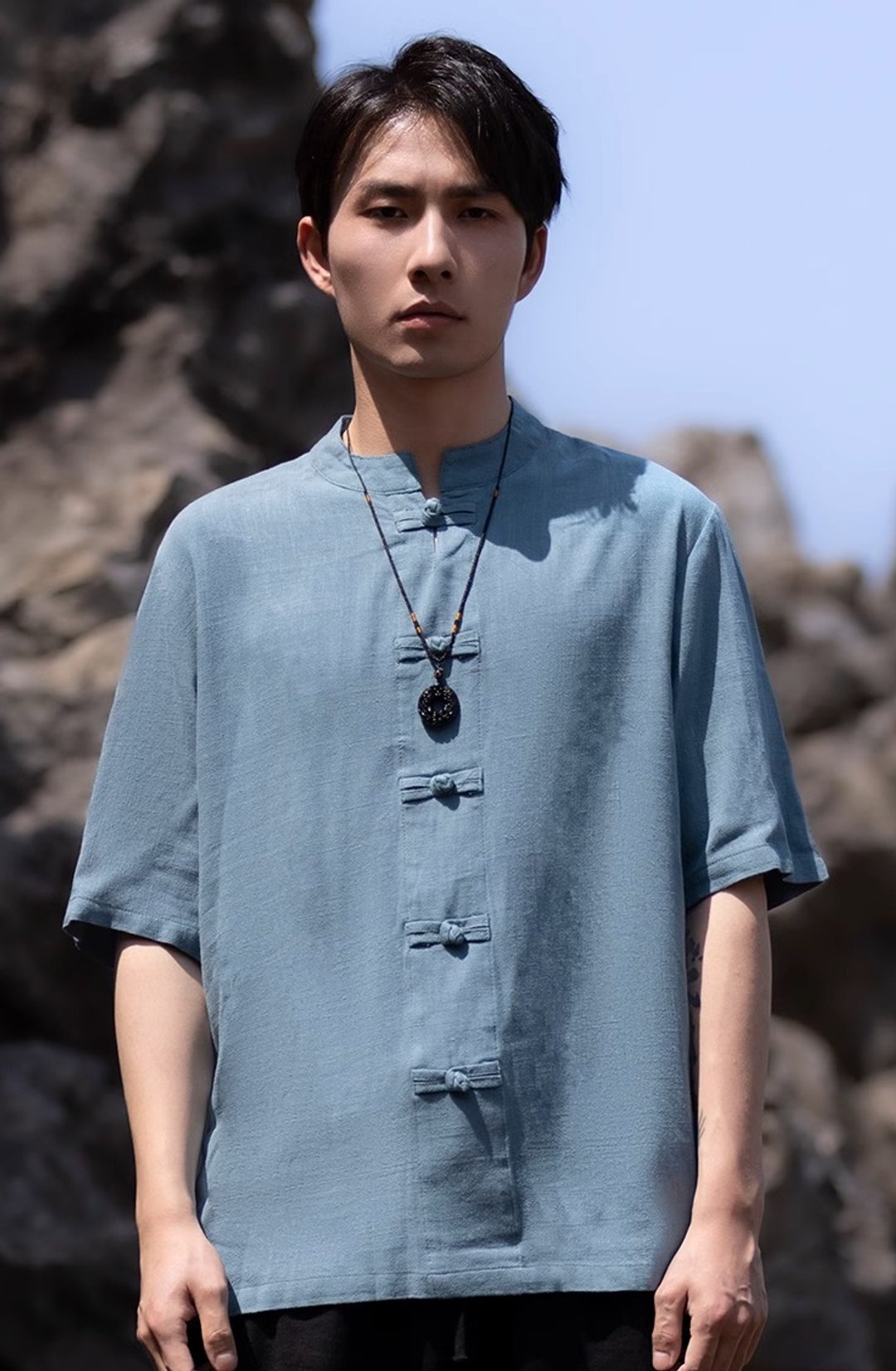 新中式复古 盘扣极简短袖衬衫 - 男装衬衫 - 其他材质 蓝色