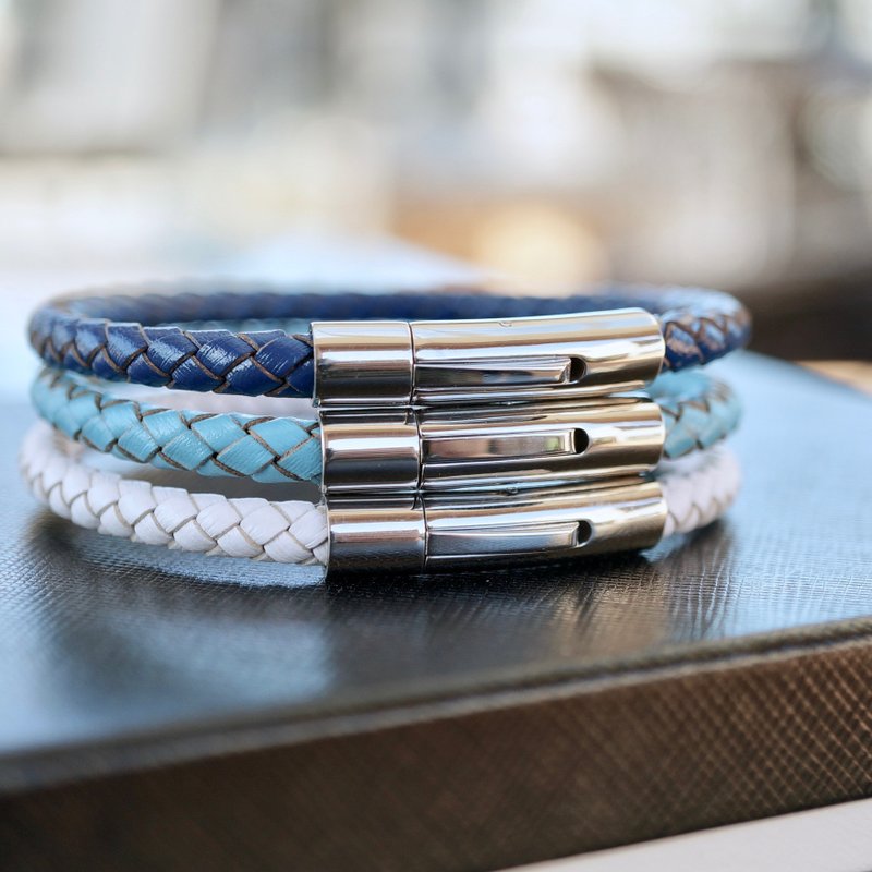 ITS-B905【皮绳系列・独领风骚】5mm钛钢编织牛皮绳手环 - 手链/手环 - 真皮 银色