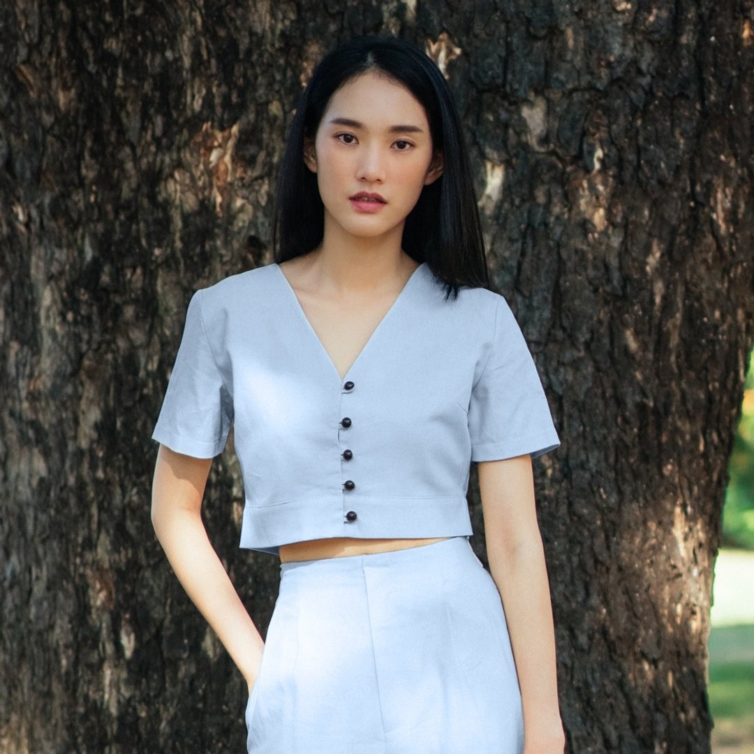 (SIZE S) BLUE COTTON LINEN BUTTON FRONT CROP TOP - 女装上衣 - 棉 蓝色