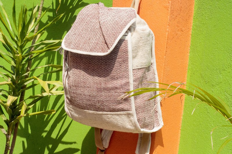 棉麻拼接设计后背包/肩背包/民族登山包/电脑后背包-咖啡山丘几何 - 后背包/双肩包 - 棉．麻 咖啡色