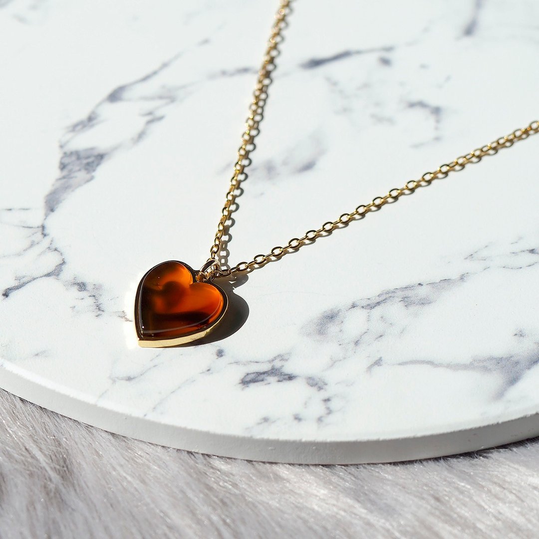 heart necklace Tortoiseshell pattern - 项链 - 其他金属 咖啡色